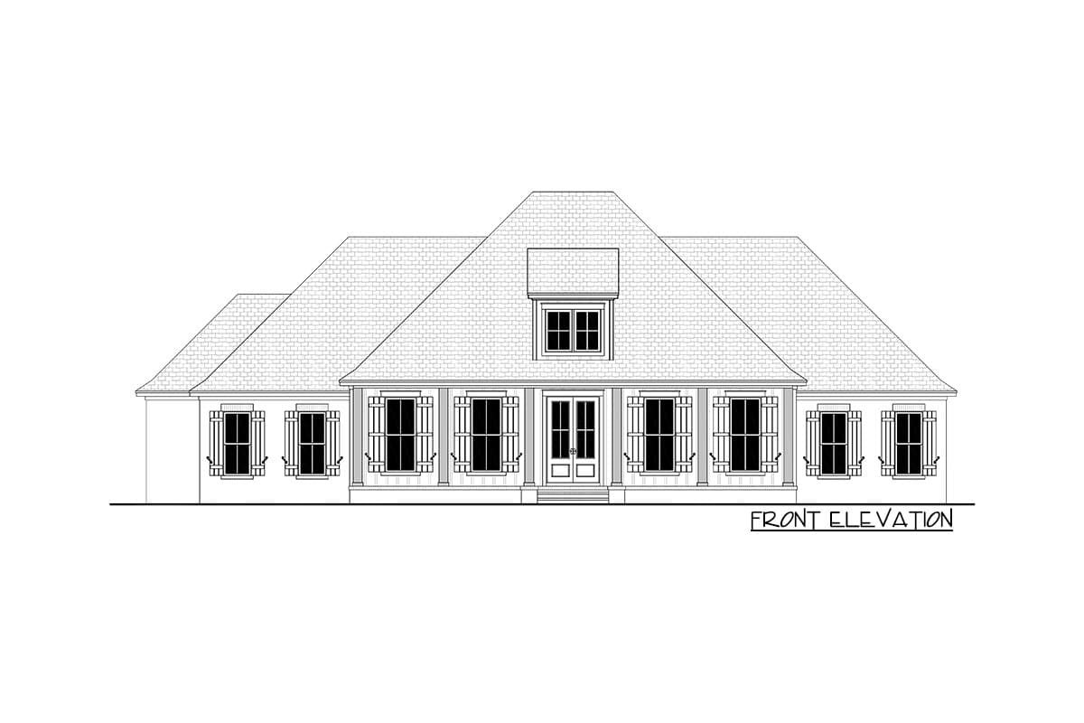 Front elevation house plan with dormer, full-width porch, and multiple symmetrically placed windows.