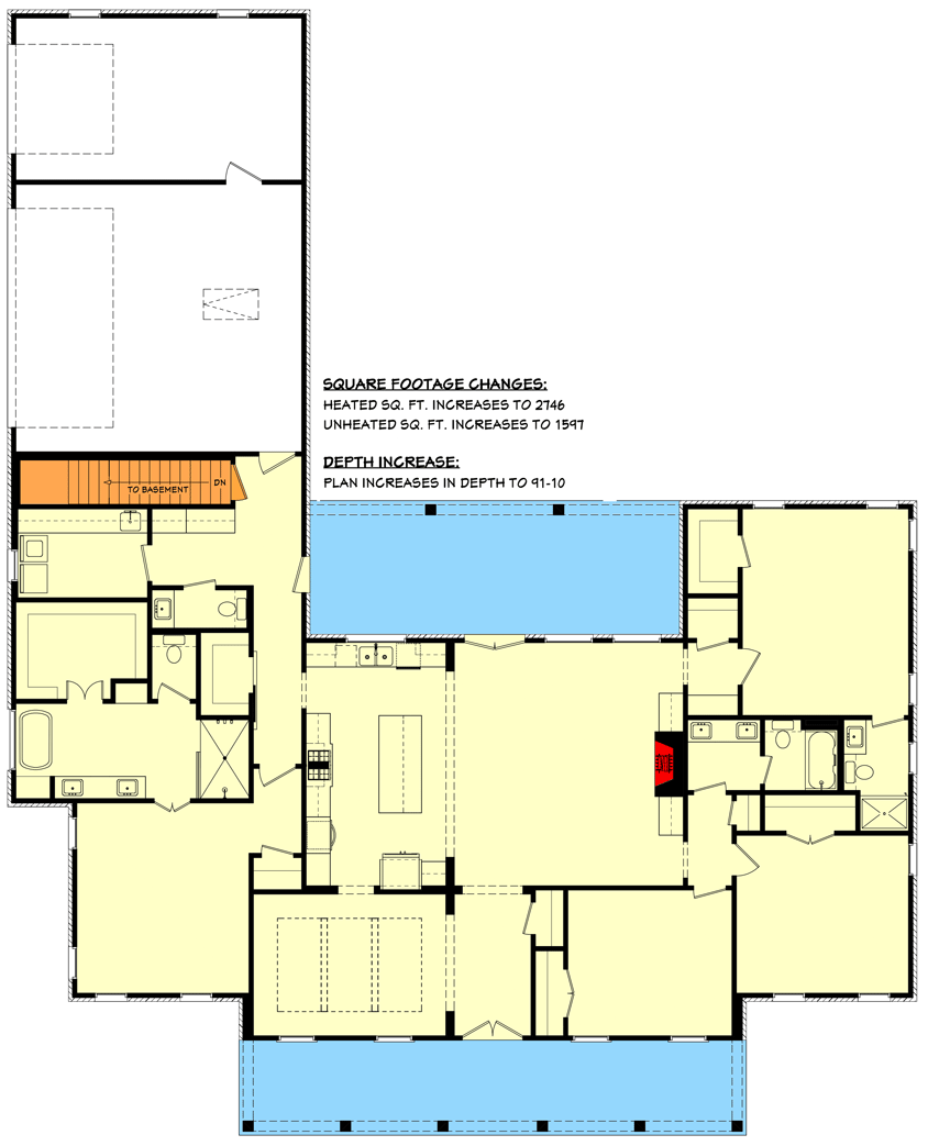 Plan 51885HZ: Modern Acadian House Plan with Potential In-law Suite - 2720 Sq Ft - Floor Plan - Main Level - Basement Stairs Location - Acadian, Country, Louisiana-Style, Southern