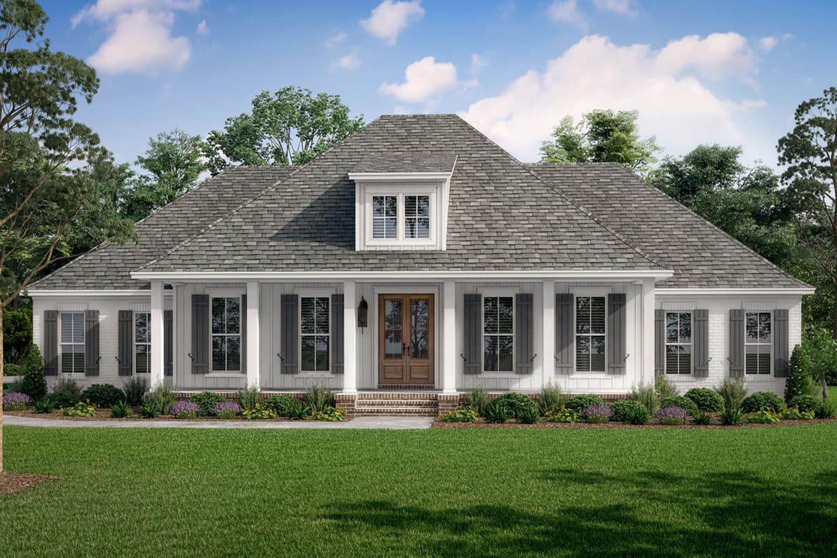 House plan exterior. Ranch style with a gabled roof, dormer, and columned front porch. Features include shuttered windows and brick accents.