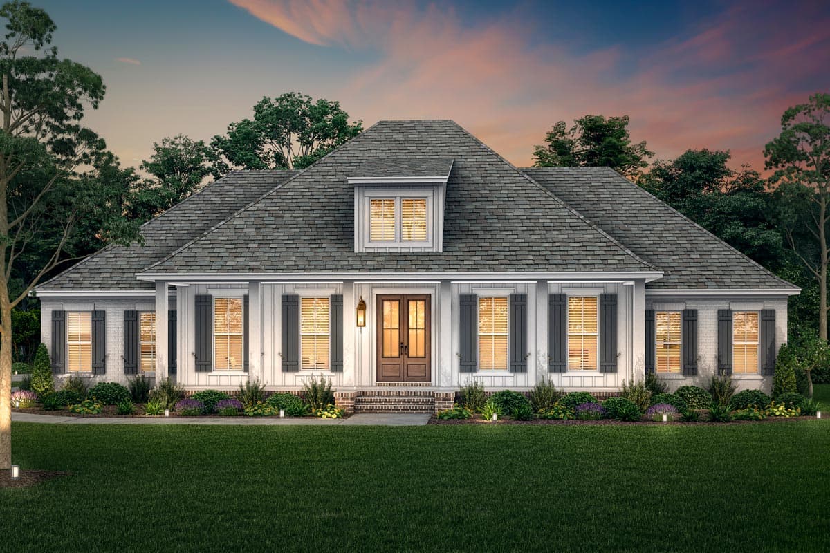 Modern Farmhouse house plan exterior, one story, with centered dormer, double front doors, and board and batten siding.