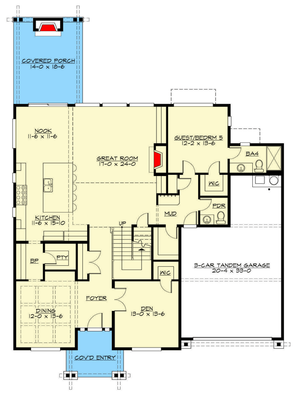 Plan 23928JD: Northwest Craftsman Plan with Den and 3-Car Tandem Garage - Floor Plan - Main Level - Craftsman, Northwest
