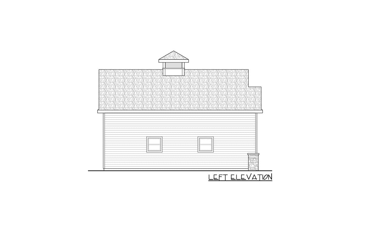 Left elevation house plan with clapboard siding, two square windows, gabled roof, and cupola.