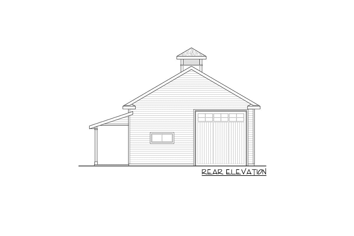 Rear elevation drawing of a garage with a cupola, a covered entryway, and a single garage door.