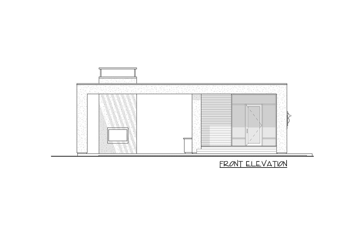 Front elevation drawing of a modern house with a flat roof, prominent window, slatted wall, and glass door.