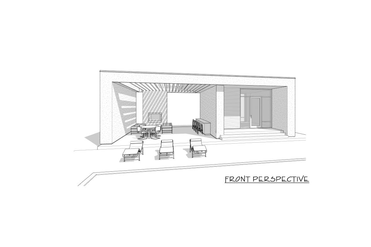 House plan exterior: modern design with covered patio, outdoor dining, bar, and lounge chairs.