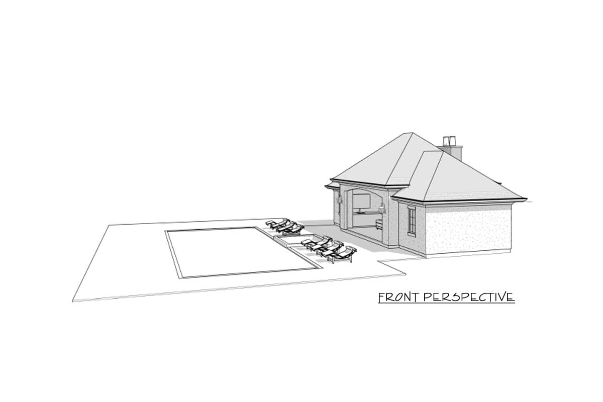 House plan exterior, single story, with covered patio, pool, and lounge chairs.