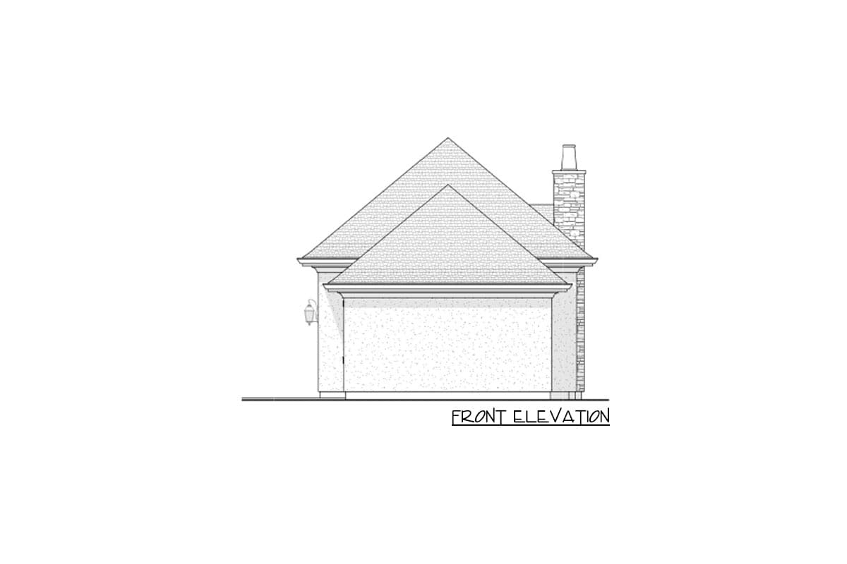 Front elevation drawing of a house plan showing a hipped roof, stone chimney, and exterior lighting.