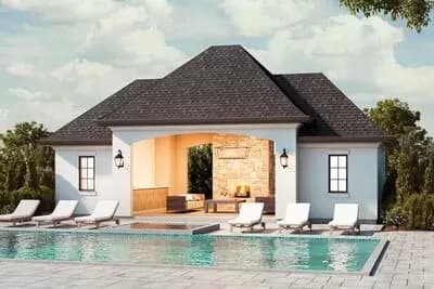 Pool House with Covered Lounge Area and Bath