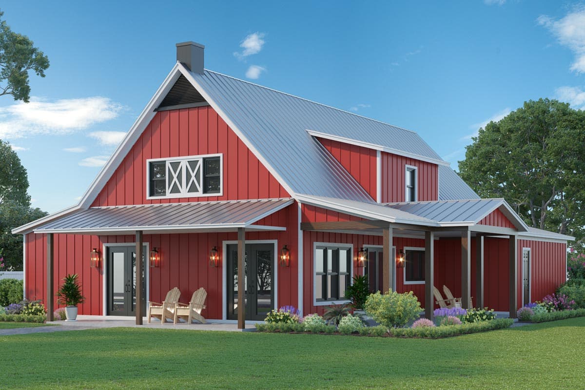 Modern farmhouse house plan exterior with a wraparound porch, metal roof, gables, and double doors.