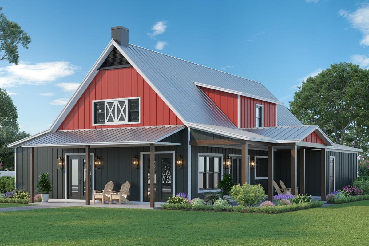 House plan exterior featuring a metal roof, covered porch, gambrel roofline, and vertical siding.