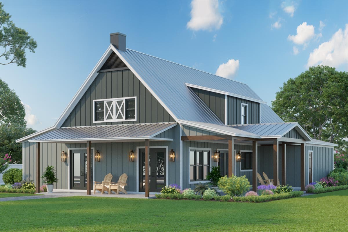 House plan exterior. Two-story Modern Farmhouse with a covered porch, board and batten siding, and metal roof. Features include gables and dormers.