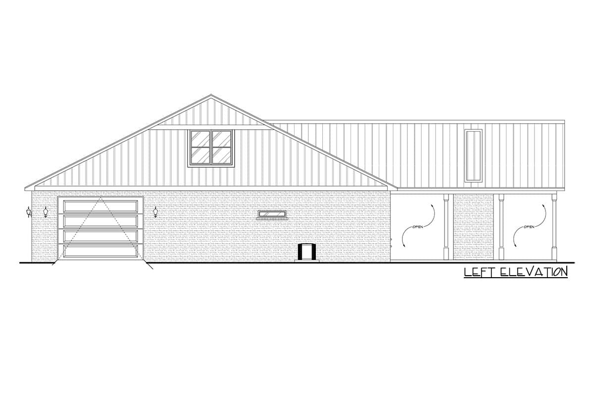 Left elevation drawing of house plan showing garage, gabled roof, and elevated section with open supports.