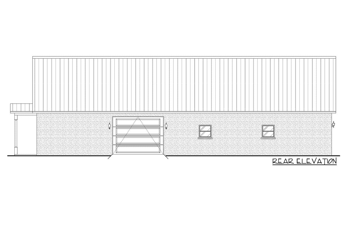 Rear elevation drawing of a house plan featuring a brick base, metal siding, a garage door, and two windows.