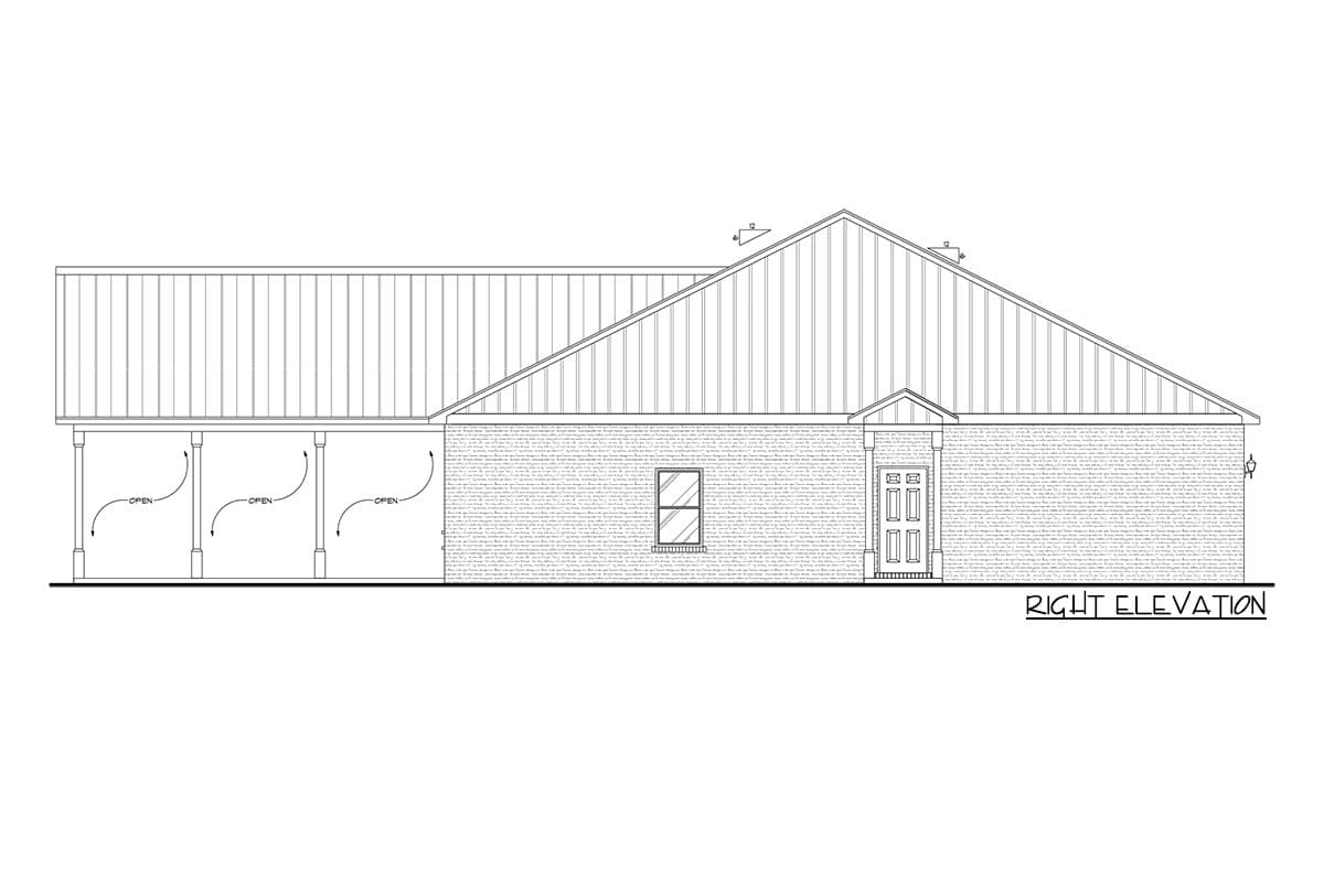 Right elevation drawing of a house plan with a metal roof, brick exterior, gable, and covered porch.
