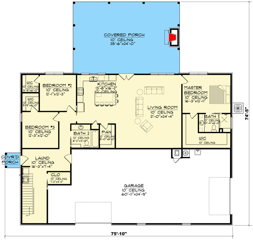 Plan 461001DNN: 4-Bed Country Home Plan with Flex Room - Floor Plan - Main Level - Barndominium, Country, Ranch, Southern