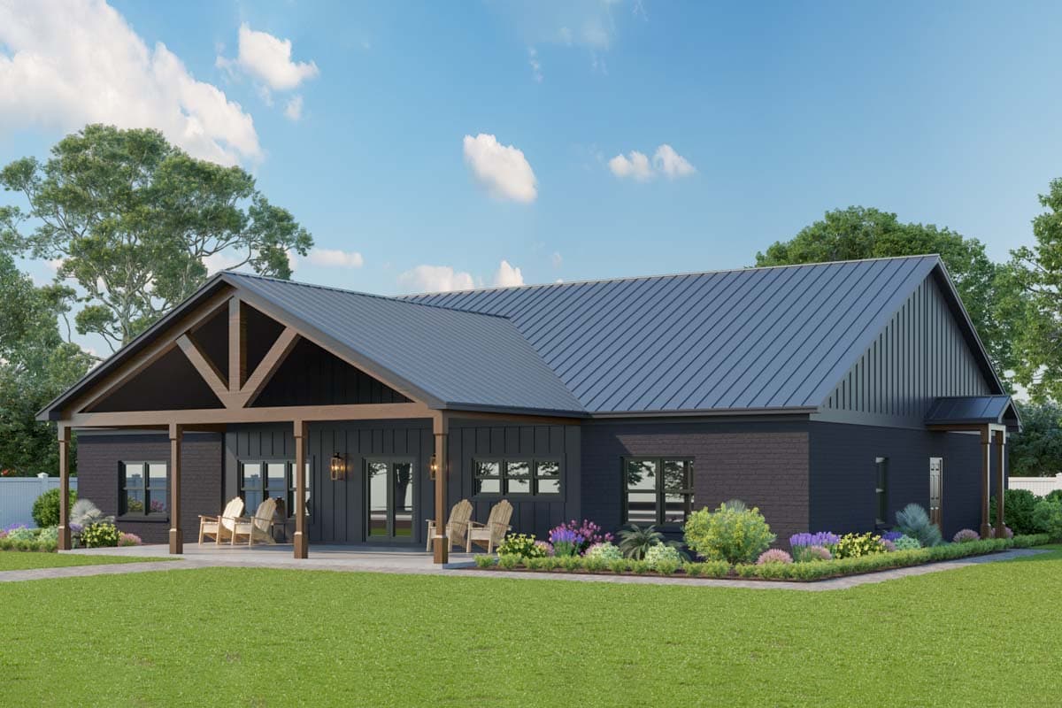 House plan exterior. Modern Farmhouse style with a gable roof, covered porch with exposed beams, and dark siding.