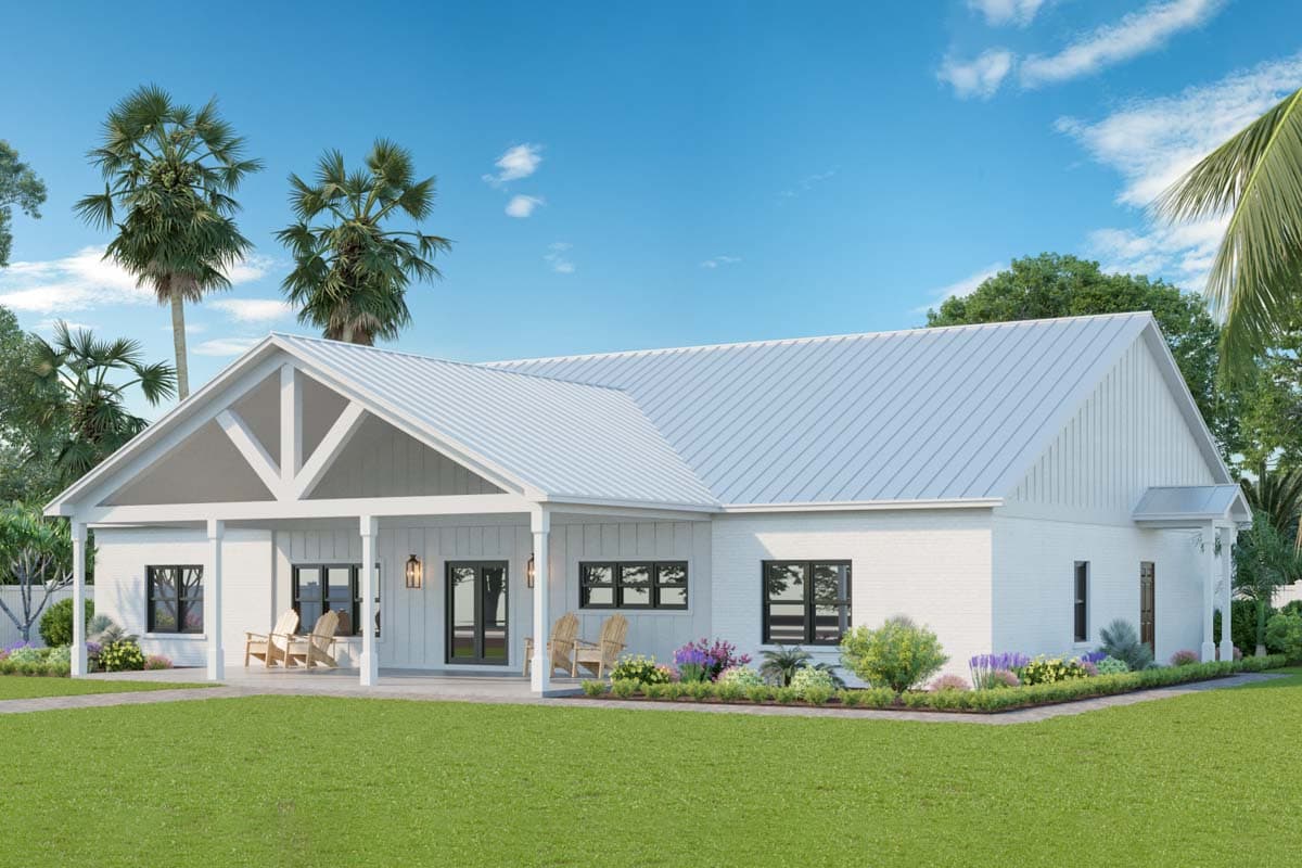 House plan exterior: Modern Farmhouse style, one-story, white brick, metal roof, gabled front porch with exposed rafters, and dark-framed windows.