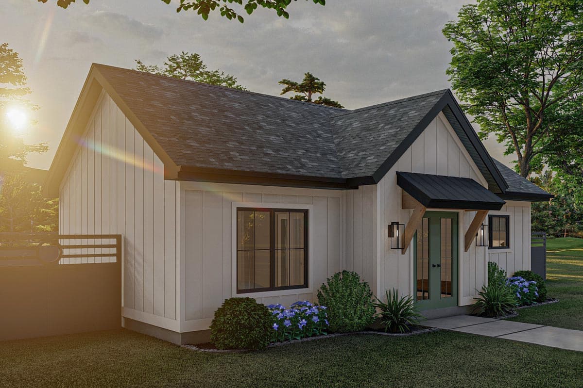 Modern Farmhouse house plan exterior with white vertical siding, gable rooflines, and a dark metal awning over the entry.