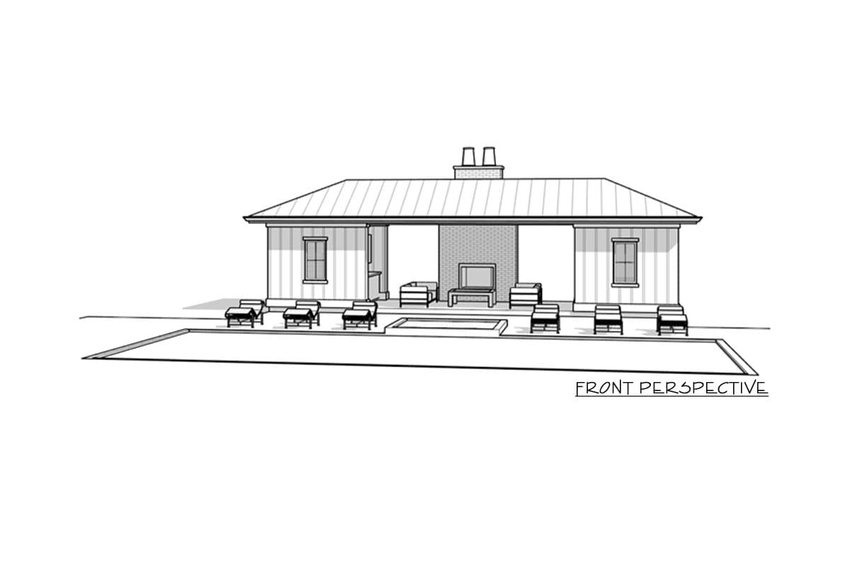 House plan exterior front perspective of a single-story home with a covered porch, outdoor fireplace, and swimming pool.