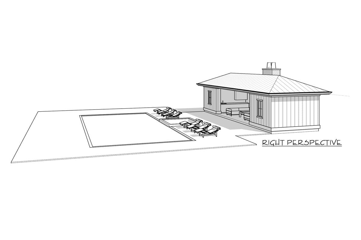 House plan exterior perspective of a single-story pool house with outdoor seating, a pool, and lounge chairs.