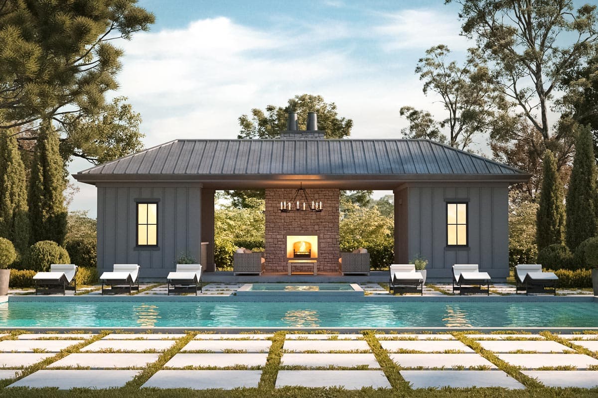 House plan exterior. Low-sloped, metal roof structure with outdoor fireplace. Features include a swimming pool, stone patio, and side windows.