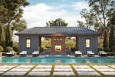 Pool House with a Contemporary Vibe and a Fireplace