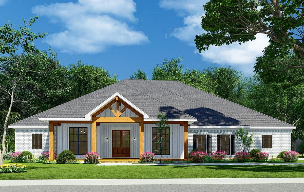 House plan exterior rendering. One-story Ranch style home with a covered porch, gable roof, and exposed timber beams.