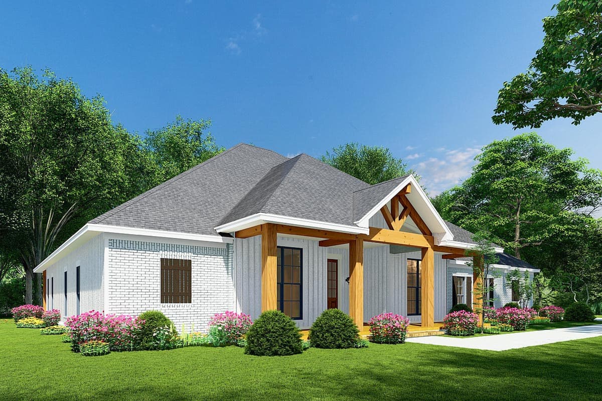 House plan exterior: one-story Modern Farmhouse with white brick and board-and-batten siding, a covered porch with exposed beams, and a gable roof.