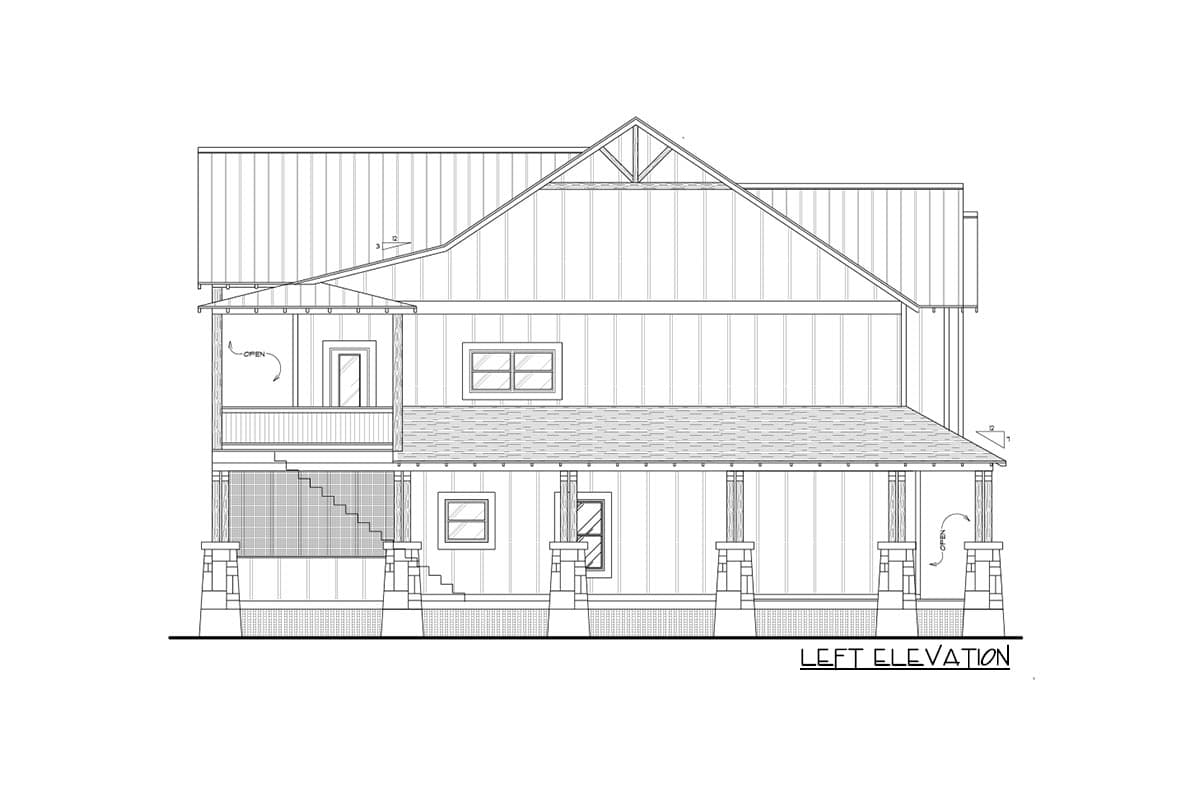 Left elevation house plan with a wraparound porch, upper balcony, and prominent gables.