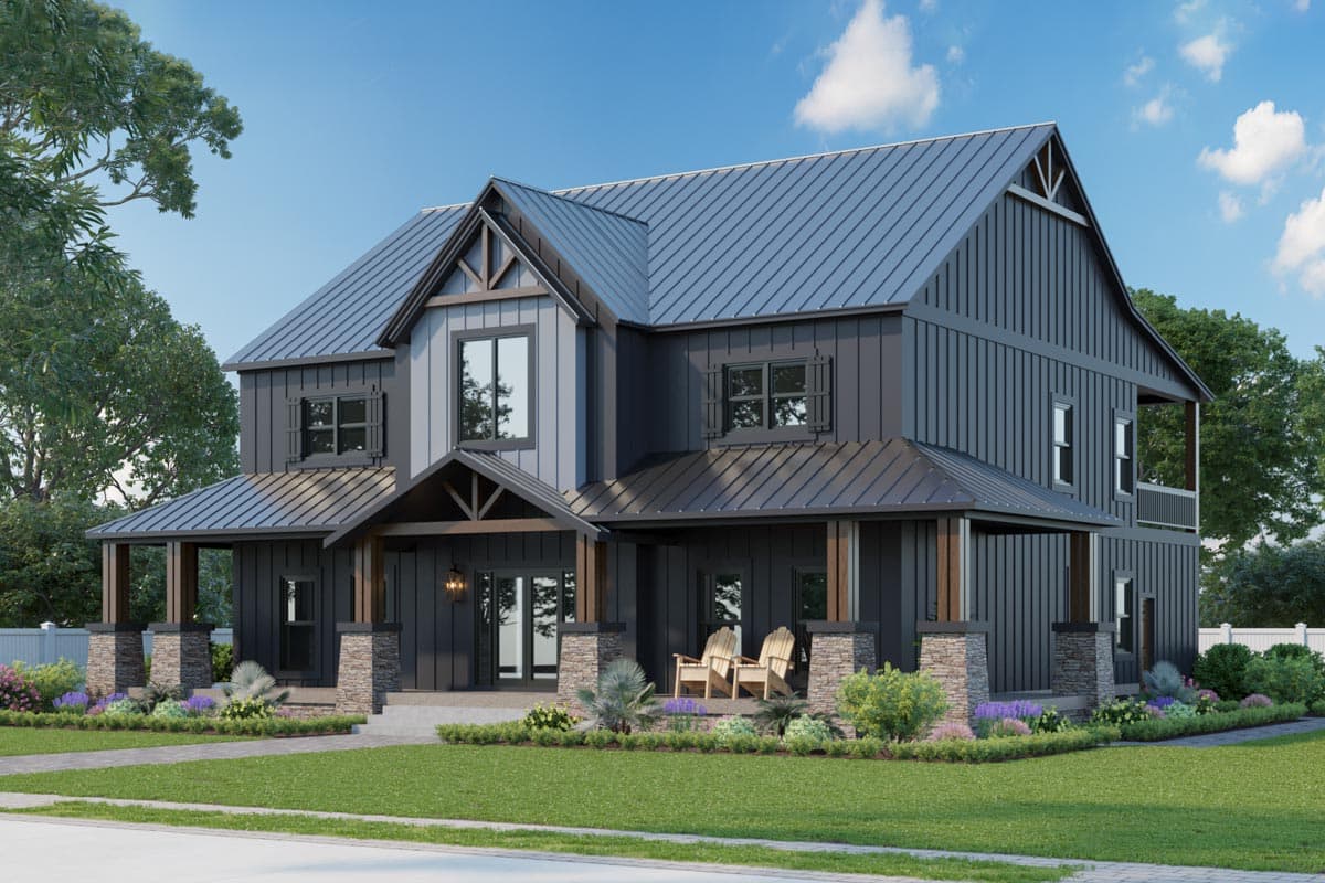 Modern Farmhouse house plan exterior, two stories, metal roof, gabled dormers, stone-clad porch supports, and wooden beams.