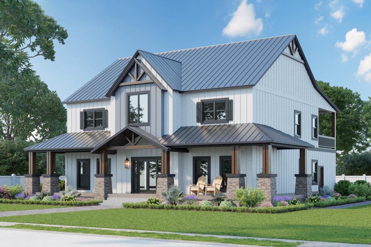 House plan exterior view of a two-story Modern Farmhouse with a metal roof, front porch, and gable detailing.
