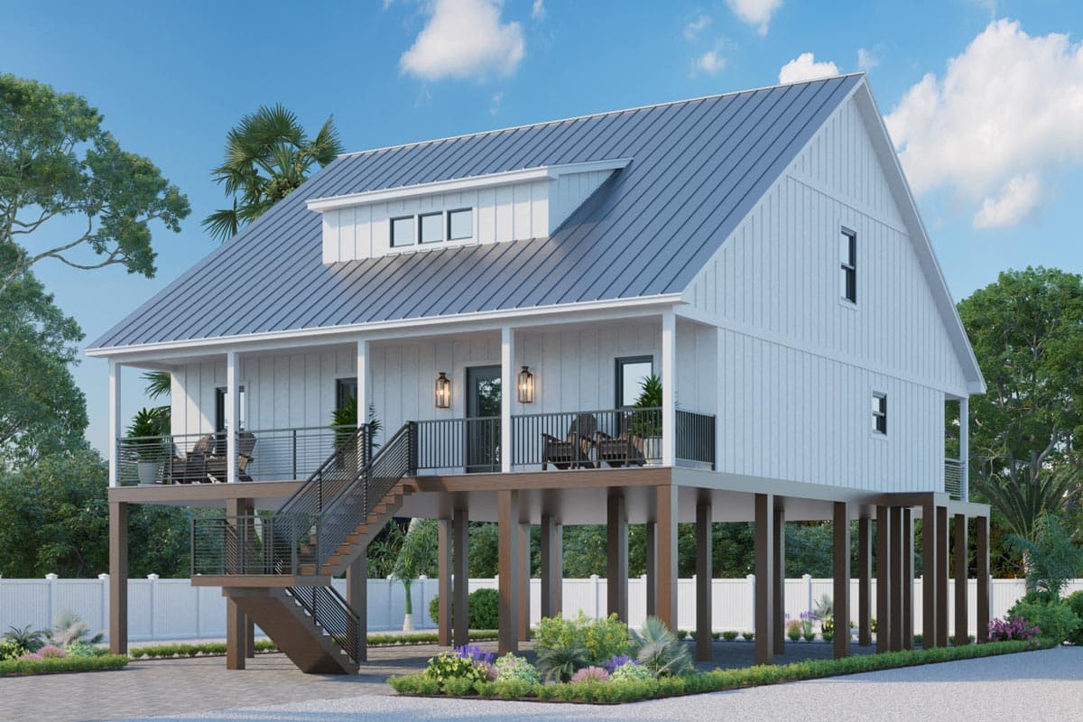 Modern farmhouse house plan exterior on stilts with metal roof, dormer, and wraparound porch.