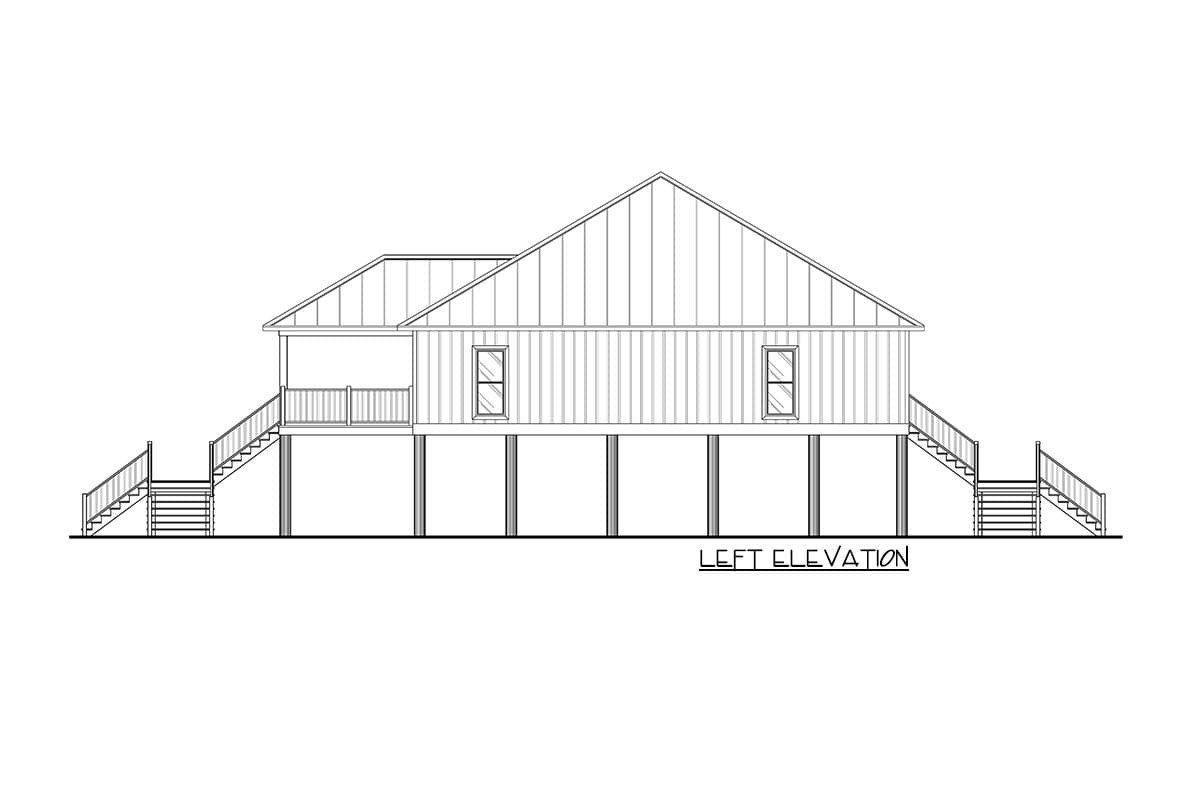 Left elevation drawing of a house plan featuring vertical siding, a gable roof, a covered porch, and stairs on both sides of a raised foundation.