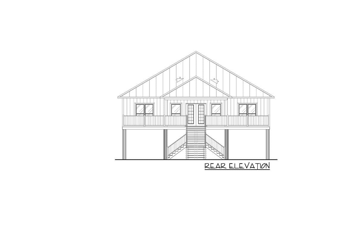 Rear elevation drawing of a house plan with a large gable roof, raised foundation, and a central staircase leading to double doors.