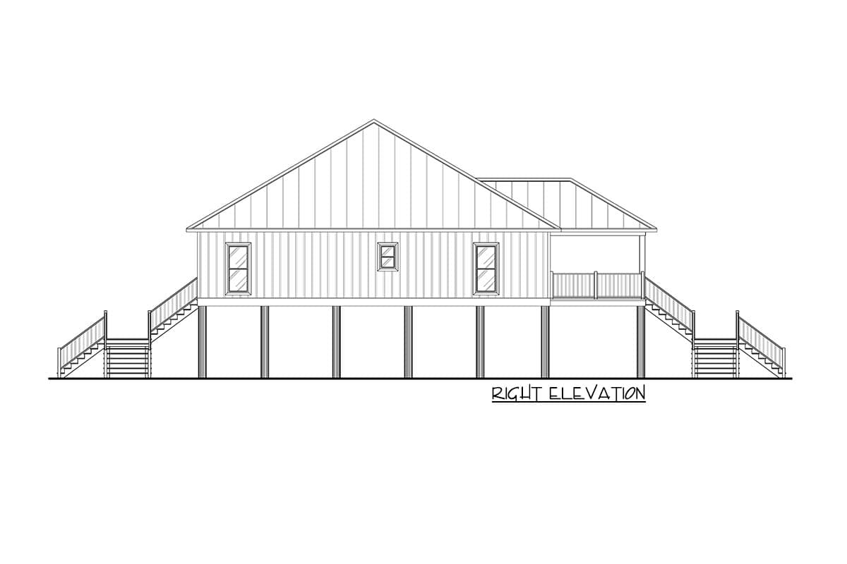 Right elevation drawing of a house plan elevated on stilts, featuring stairs and a covered porch.