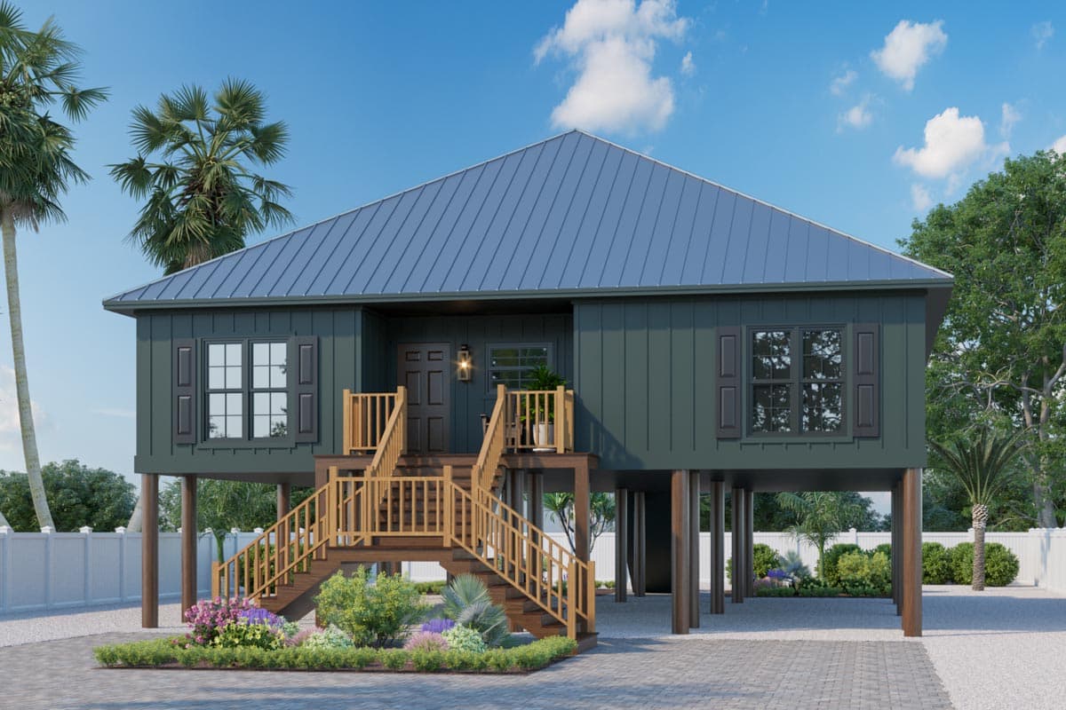 House plan exterior: Two-story elevated coastal home with a metal roof, wide front stairs, and dark green board-and-batten siding.