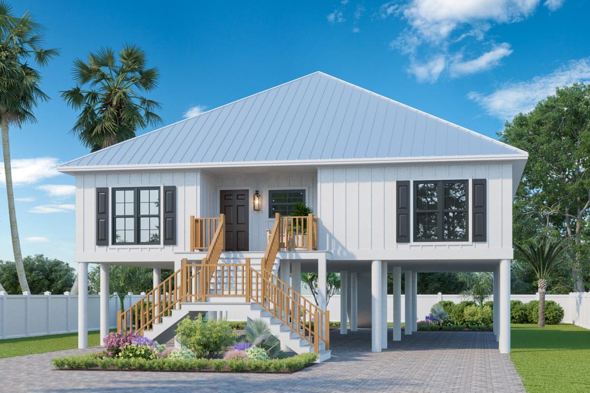 House plan exterior: Raised ranch with a metal roof, prominent central stairs, and a covered front porch.