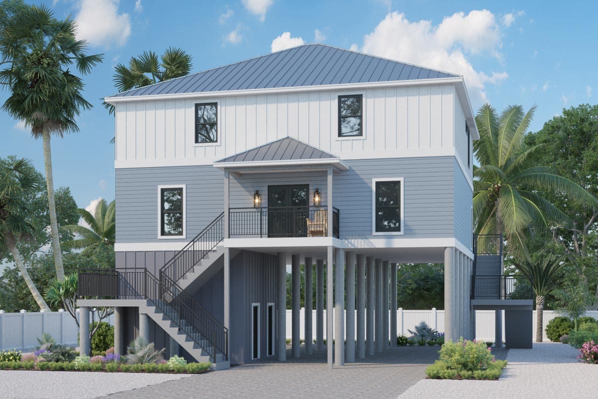 House plan exterior. Two-story coastal style home with raised foundation, covered porch with balcony, and metal roof.