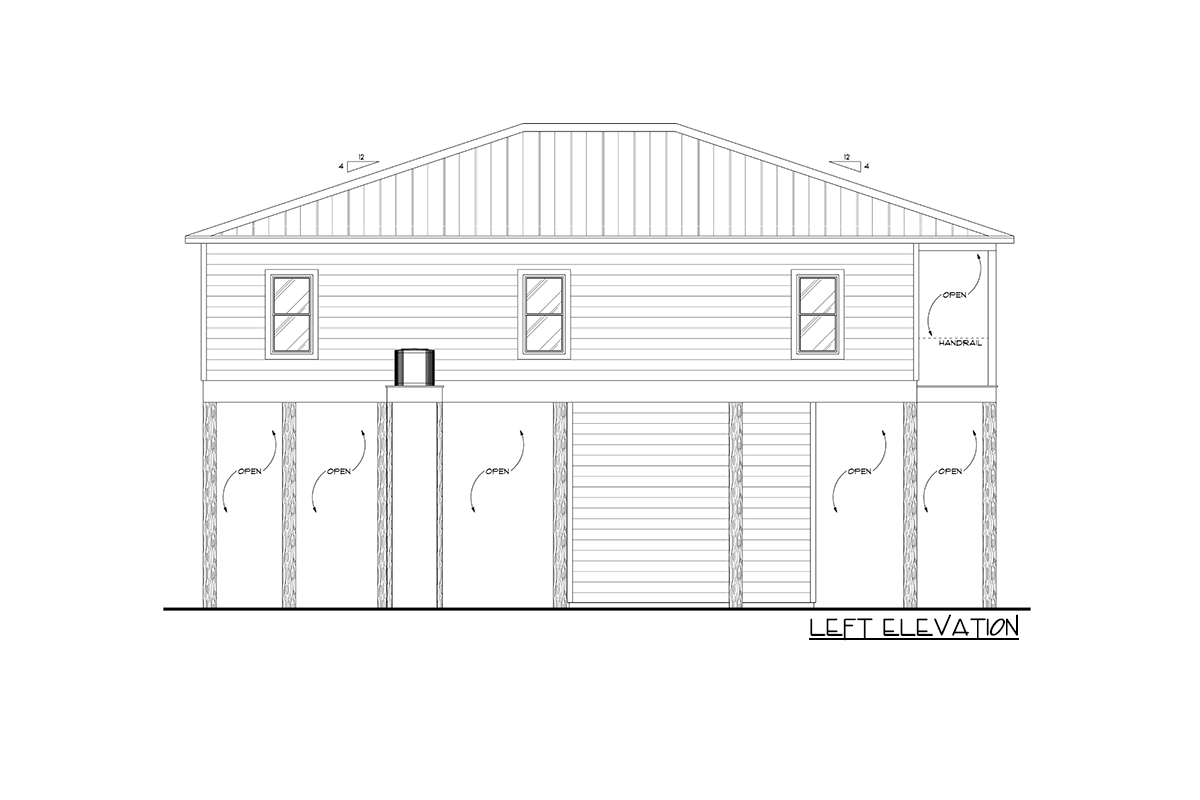 Left elevation drawing of a house plan on stilts with windows, a porch, and open support structures.