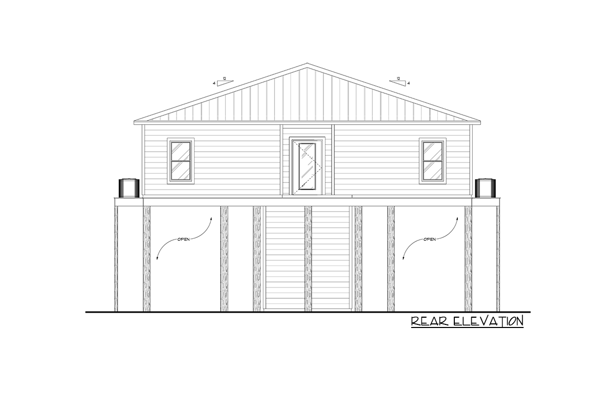 Rear elevation house plan. Single-story home on piers with gable roof, central door, and two windows.