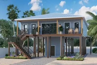 Elevated Coastal Home Plan with 6 Bedrooms and a Beach Bathroom