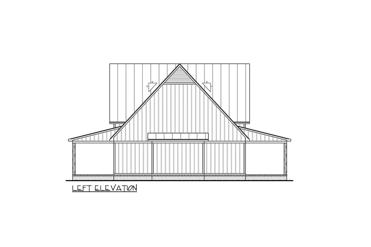 Left elevation drawing of a house plan featuring a prominent gable roof, shed roof extension, and covered porch.