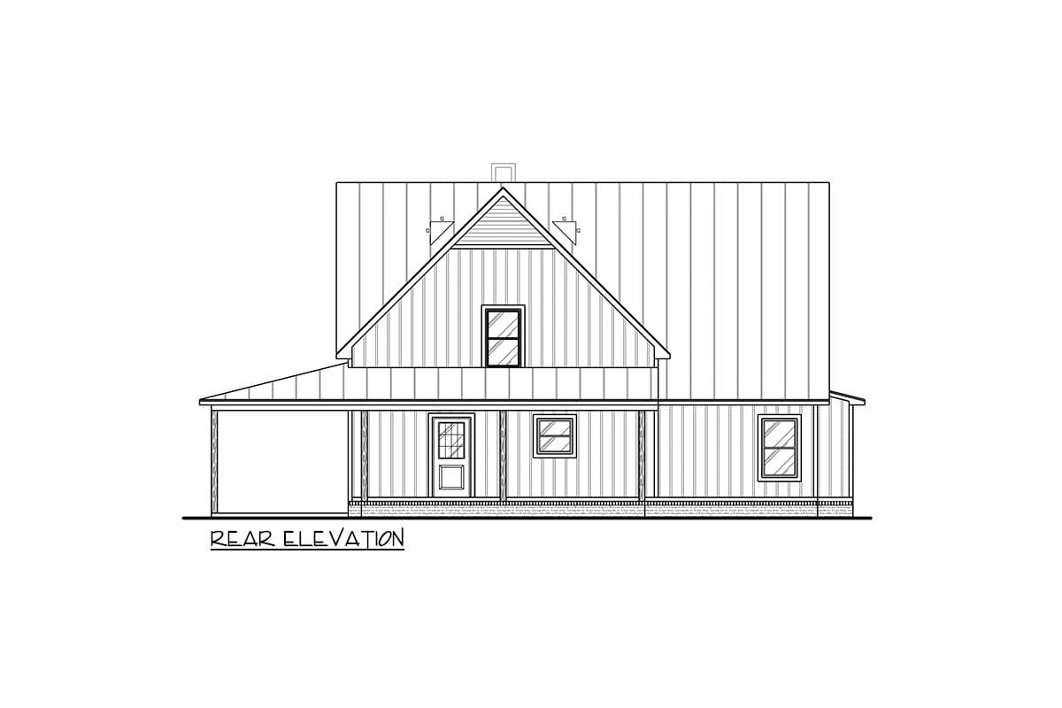 Rear elevation drawing of a house plan featuring a standing seam metal roof, gable dormer with a window, and a covered porch.