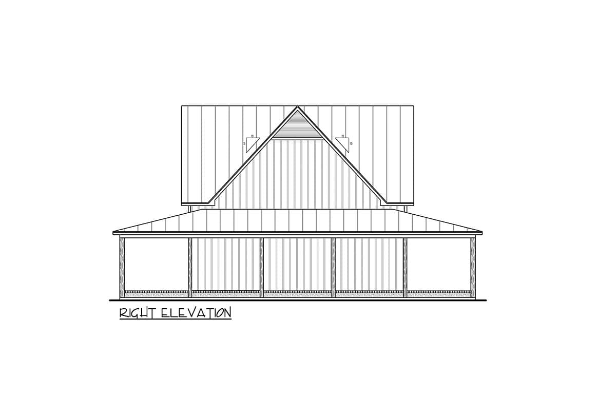 Right elevation of house plan showing a full-width porch and a prominent gable with a vented peak.