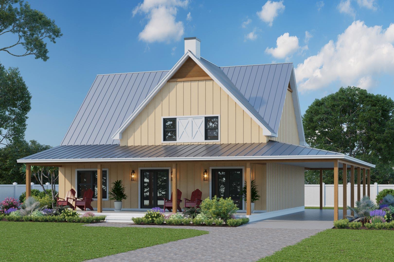 House plan exterior. Modern Farmhouse style with a metal roof, front porch, and gable over the entry. Features a carport on the side.