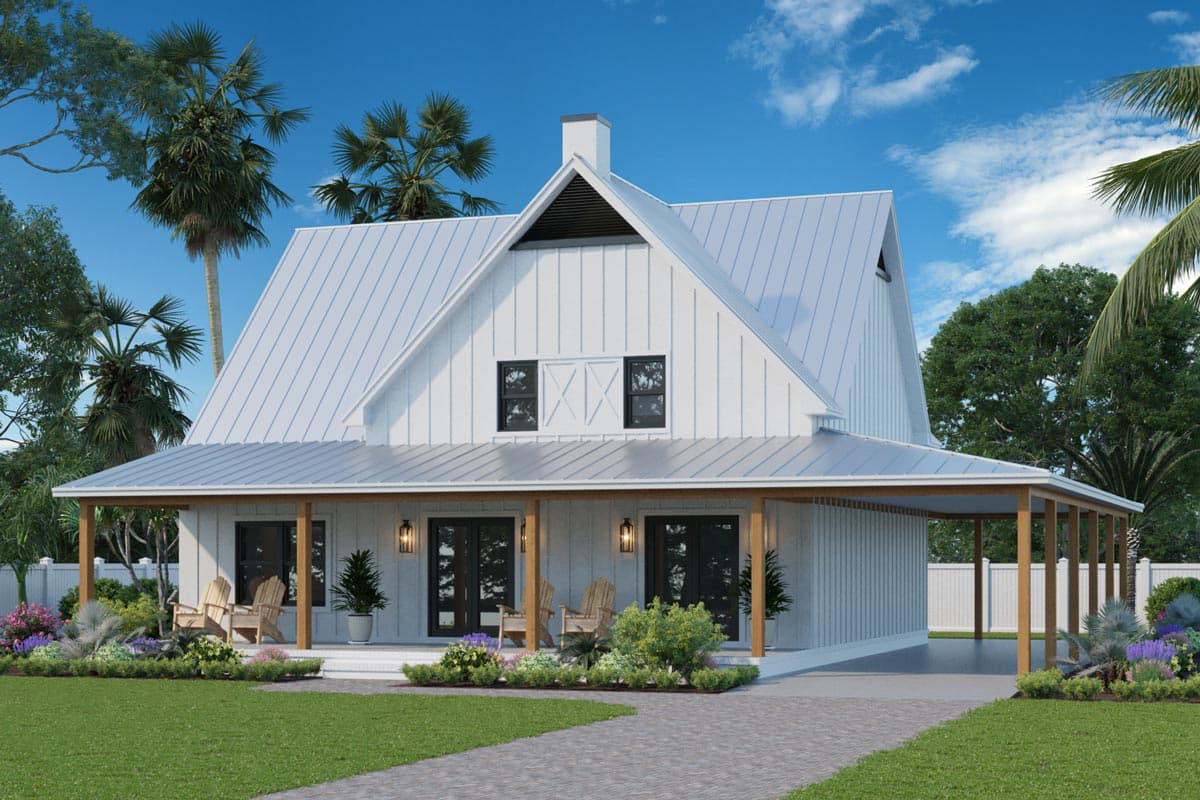 House plan exterior: Modern Farmhouse style, two stories, white board and batten siding, metal roof, wraparound porch with timber posts, gable dormer.