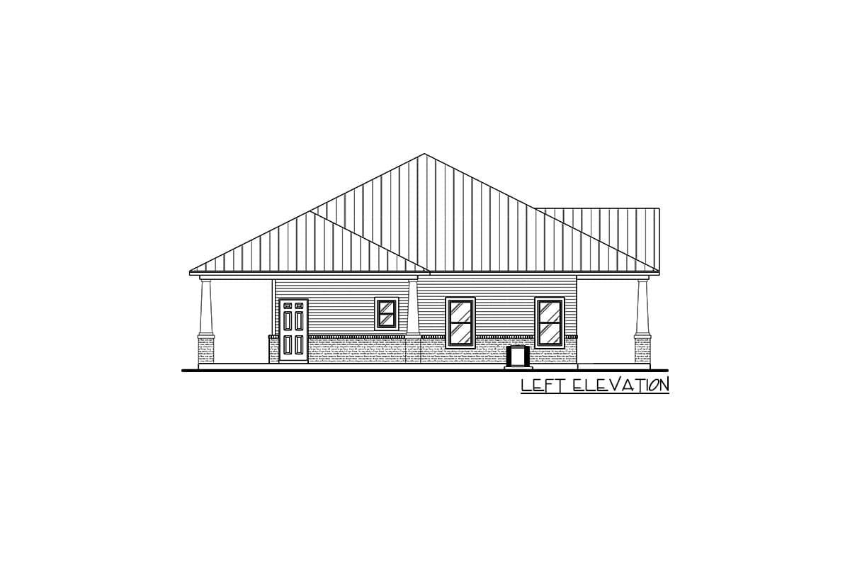 Left elevation house plan shows a single-story home with a gabled roof, covered porch with pillars, and double front doors.