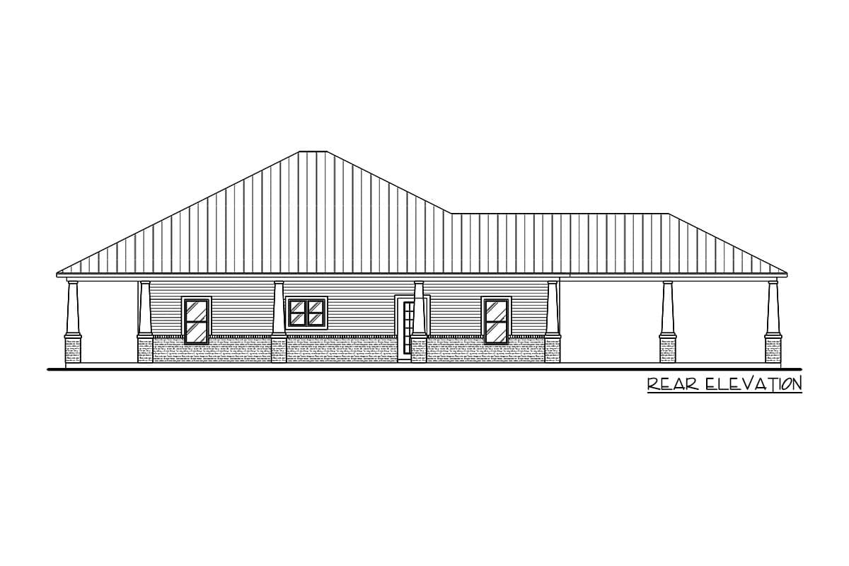 Rear elevation drawing of a single-story house plan with a metal hip roof, wrap-around porch, and brick foundation.