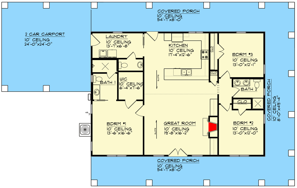 Plan 461010DNN: Southern Ranch with Wraparound Porch and Carport - Floor Plan - Main Level - Ranch, Southern