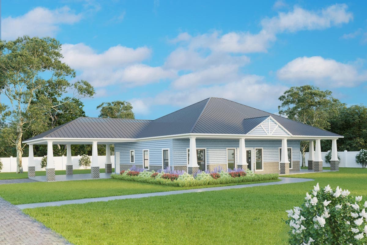 House plan exterior. Single-story with a covered porch, gable detail, and a dark metal roof. Features include white columns and brick accents.